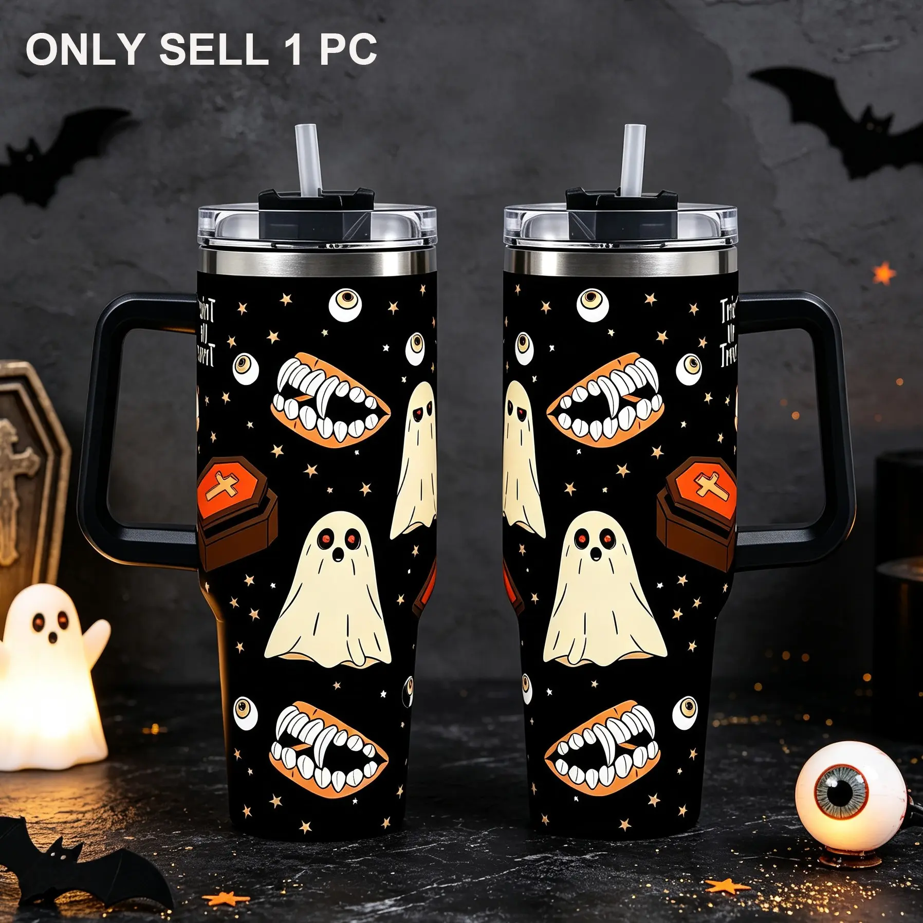 Halloween Thermos, Cute Ghost Water Cup, Travel Coffee Mug, Car Cup, Stainless Steel Water Bottle with Handle and Straw, Spooky Blood-eye Coffin Leak-proof Cup, Drinkware, Perfect for Trick-or-treating or Birthday Party Gift (40oz)