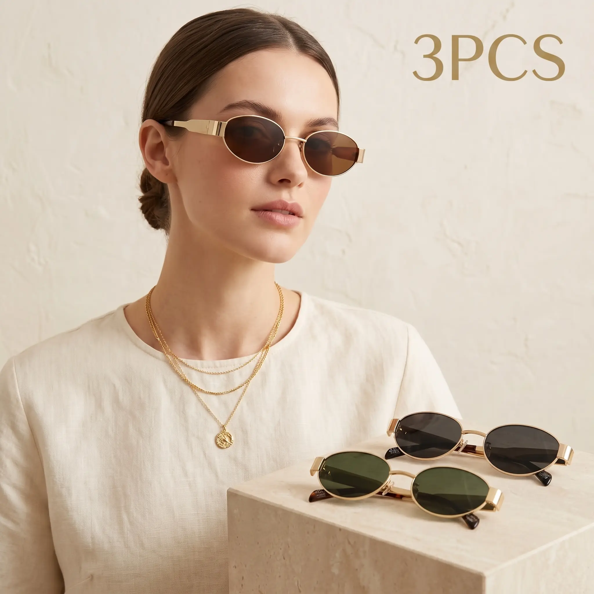 Women's 3-Pack Classic Oval Alloy Frame Sunglasses with Tinted Lenses - Stylish Casual Female Accessories, Sun Protection, Driving, Beach, Cycling Use, Stylish Accessories, Metal, Sporty-Chic, Statement Frame Glasses, Pc, Polycarbonate
