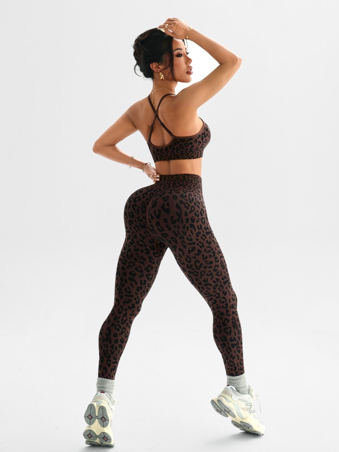 Women's Spring Summer Leopard Print Two-Piece Set, Fitted Sportswear Set, Matching Bodycon Athletic Workout Set, Athletic Clothing Set, Adjustable Straps Backless Top + High Waist Tummy Control Nine-Point Tight Yoga Pants