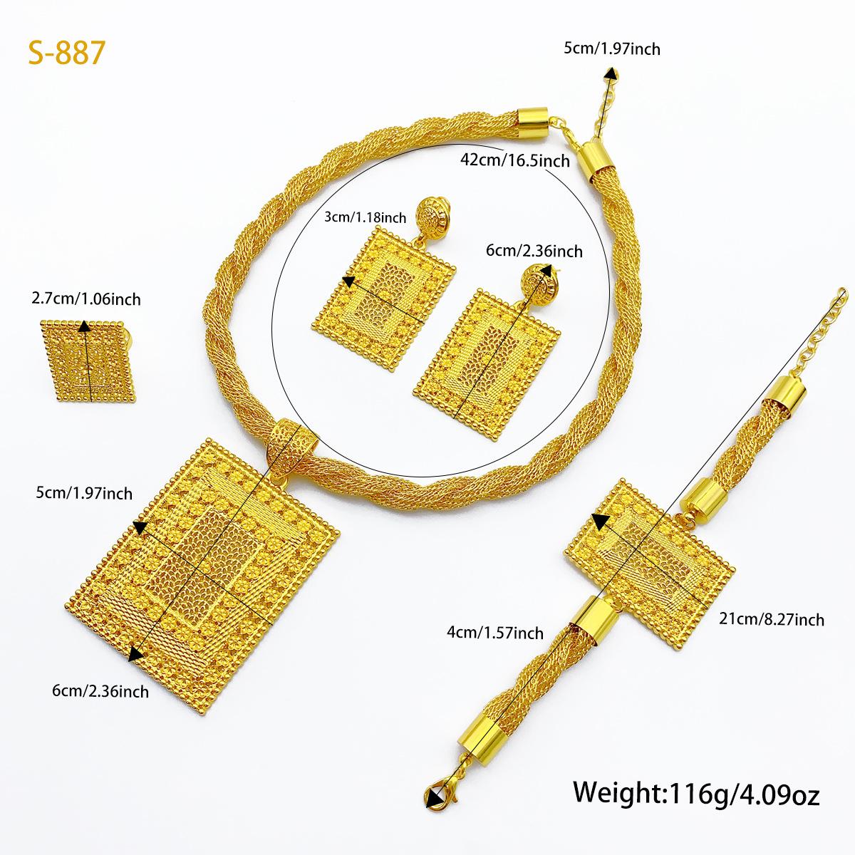 4 Pcs Jewelry Rectangle Pendant Ring Earrings Necklaces Bracelet Women's Gold Plated Wedding Decorations Chain Collar Mom Christmas Gifts Original Set