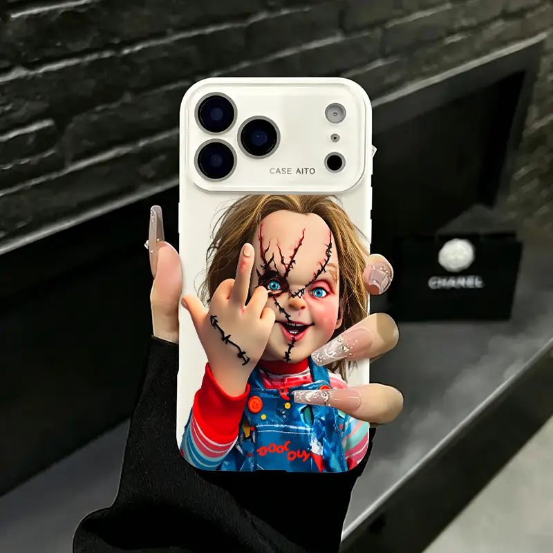 Chucky Creepy Gesture Pattern Liquid Casing for iPhone 17, 16, 15, 14, 13, 12, 11 (Pro, ProMax, Plus) - Large Window, Skin-Touch Border, Shock-Absorbing, Camera Protection for Smartphone, Cellphone, Handheld Devices, Protector
