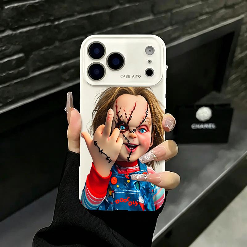 Chucky Creepy Gesture Pattern Liquid Casing for iPhone 17, 16, 15, 14, 13, 12, 11 (Pro, ProMax, Plus) - Large Window, Skin-Touch Border, Shock-Absorbing, Camera Protection for Smartphone, Cellphone, Handheld Devices, Protector