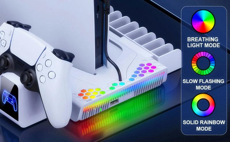 PS5 Slim Stand Cooling Station with PS5 Controller Charger for Playstation 5/Slim Console, PS5 Accessories Vertical Stand Incl.3 Levels Cooling Fan,Light,Headset Holder,14 Game Slot