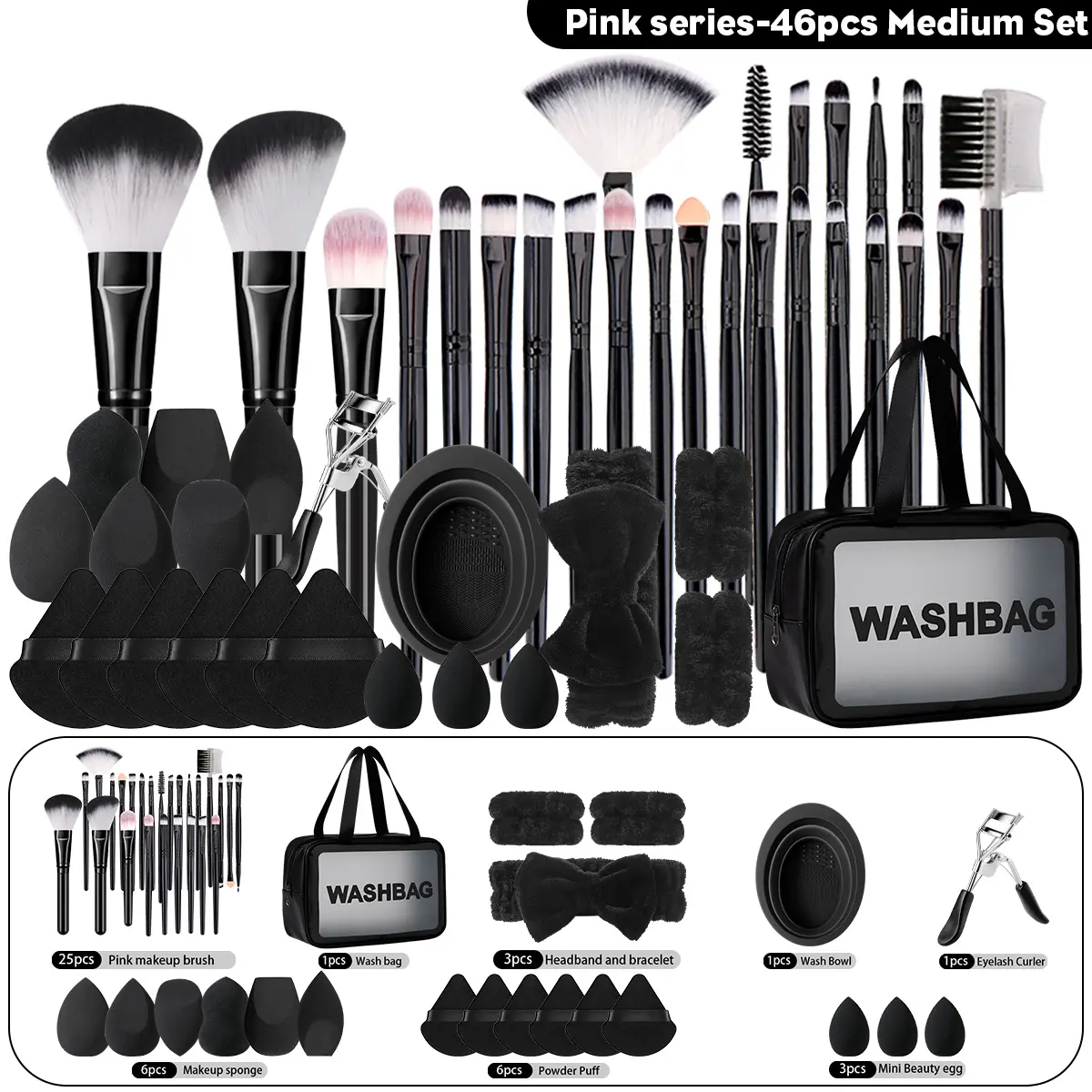 Professional Makeup Brush Kit with Bag, Makeup Brushes Kits, Includes Brushes, Sponges, Hair Bands, Travel and Daily Use, Plastic Frame, No Battery, Cosmetic Brushes, Beauty Brush Set, Makeup Brush Sets, Makeup Tools Set