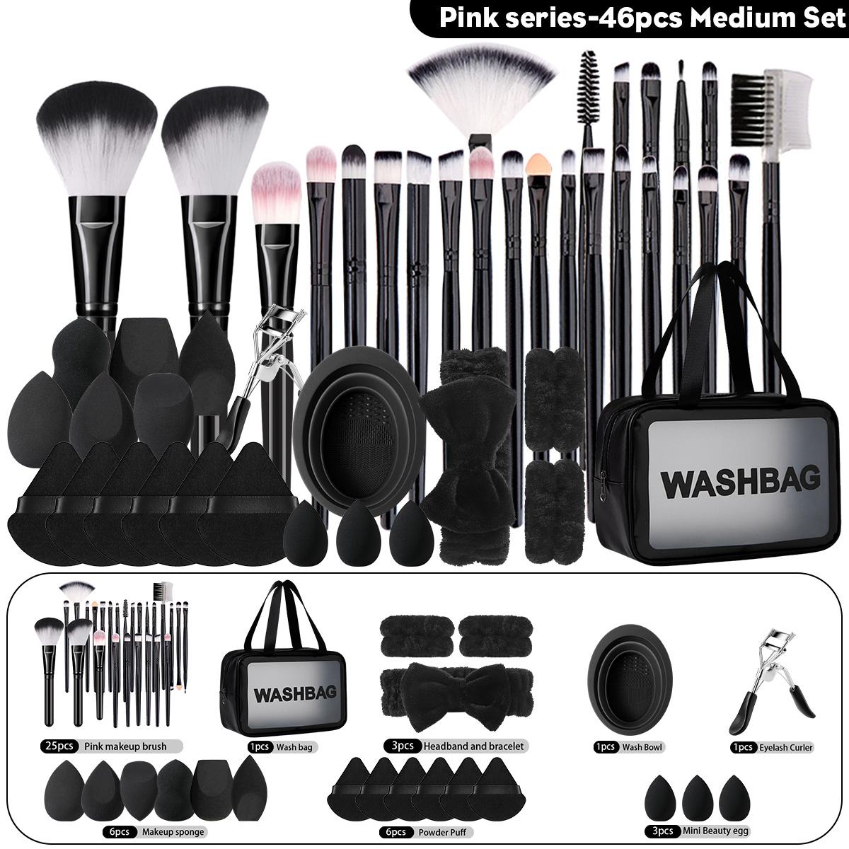 Professional Makeup Brush Set with Bag, Includes Brushes, Sponges, Hair Bands, Travel and Daily Use, Plastic Frame, No Battery, Cosmetic Brushes