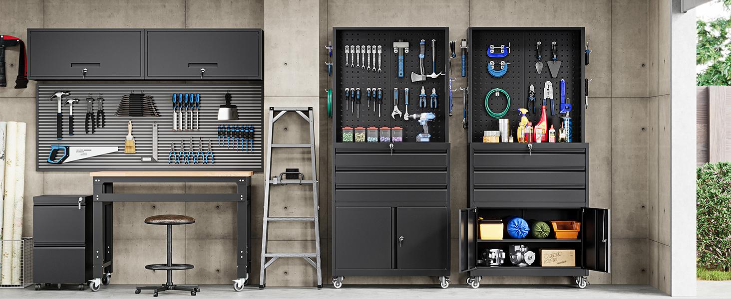 Yizosh Metal Garage Storage Cabinet with Wheels,3-Drawer Rolling Tool Cabinet with 2 Door and Adjustable Shelves,- 71" Steel Tool Cabinet for Warehouse,Garage,Workshop