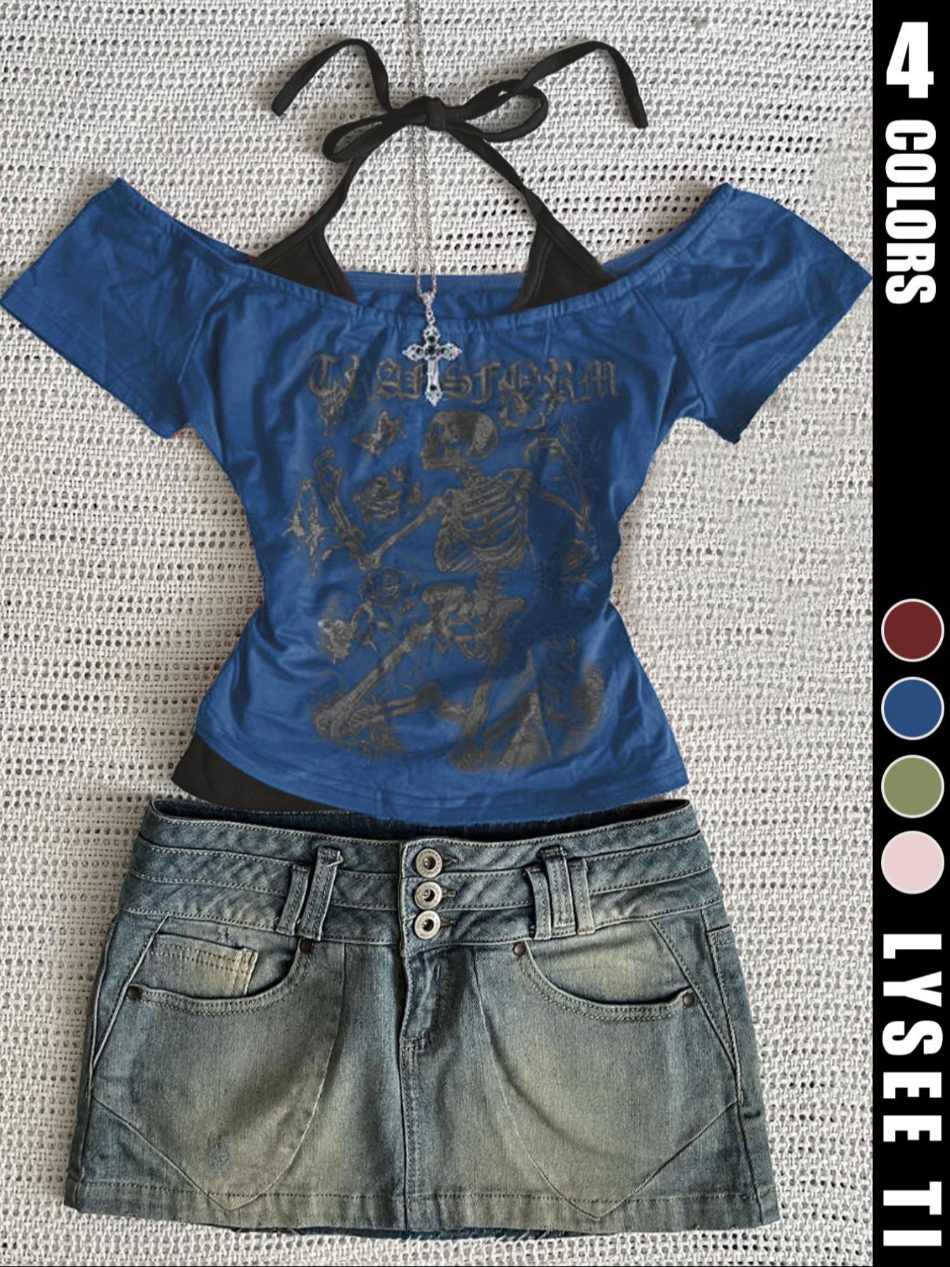 Fashion and casual Y2k women's skull printed back strap Fitted T-shirt