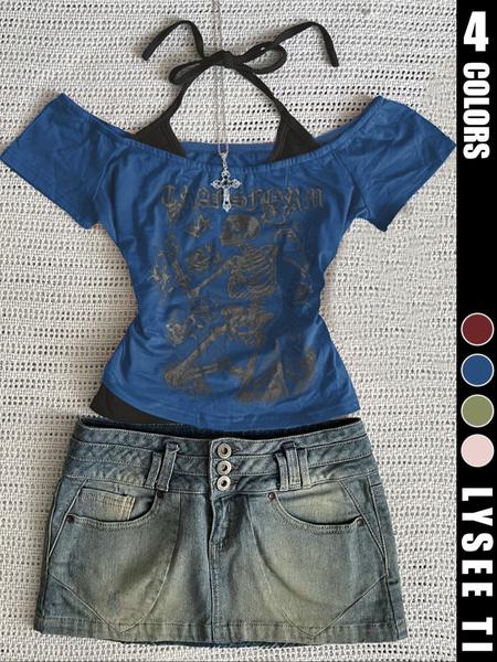 Fashion and casual Y2k women's skull printed back strap T-shirt