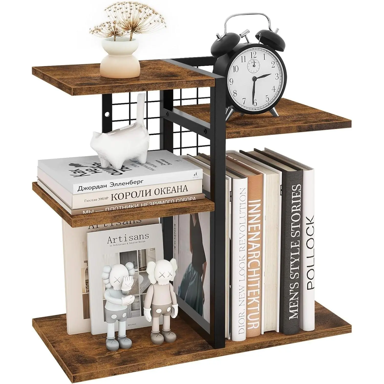 Desktop Shelf Organizer, 4-Tier Wooden Desk Bookshelf, Small Tabletop Book Shelf, Adjustable Display Rack for Home, Office, Dorm, Rustic Brown