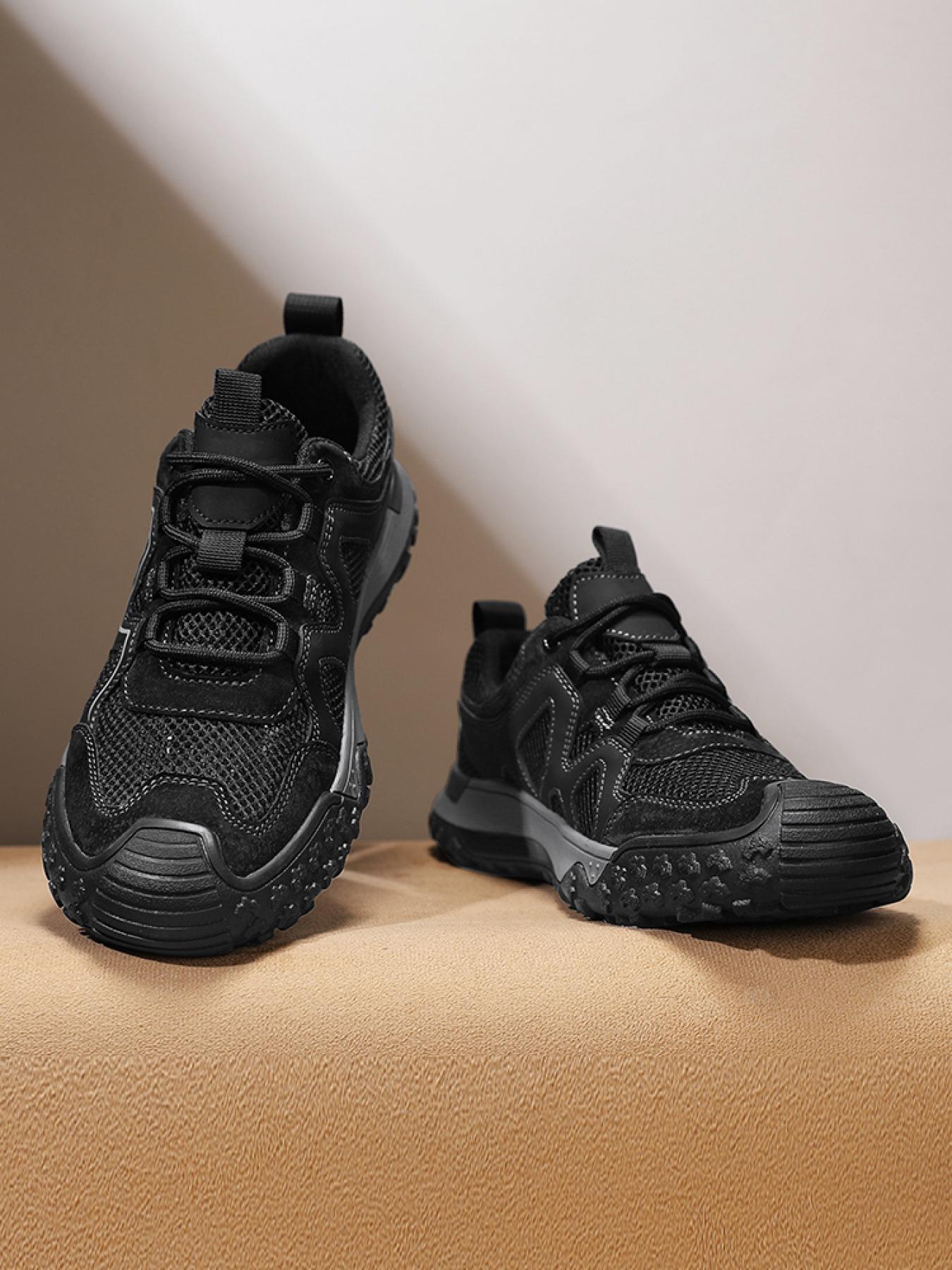 Men's Solid Color Mesh Breathable Outdoor Hiking Shoes Drawstring Toe Cap Trekking Shoes Non-Slip Wear-Resistant Casual Sneakers