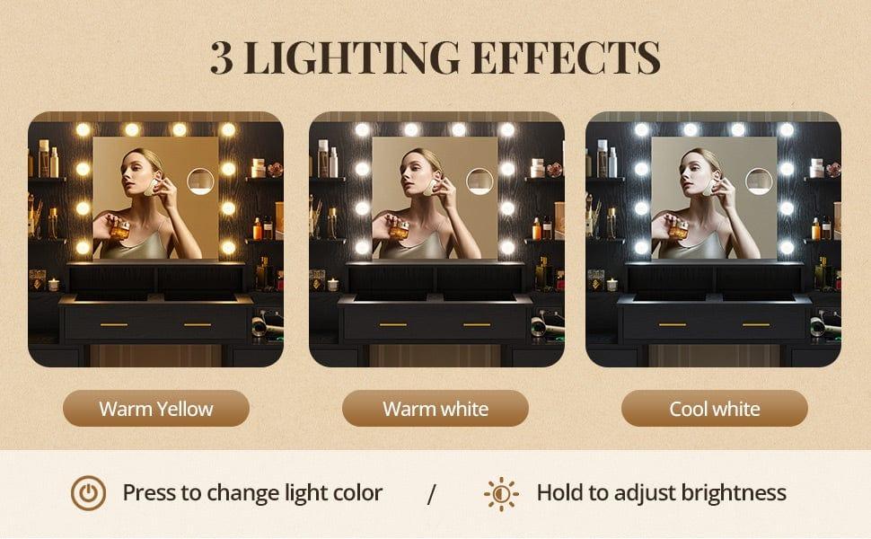 Sikaic Glass Top Makeup Vanity with Mirror and LED Lights, 10x Magnifying Mirror & Power Outlet, big Vanity Desk with 8 Drawers & 6 Shelves, 3 Light Settings Sikaic Glass Top Makeup Vanity with Mirror and LED Lights, 10x Magnifying Mirror & Power Outlet, big Vanity Desk with 8 Drawers & 6 Shelves, 3 Light Settings