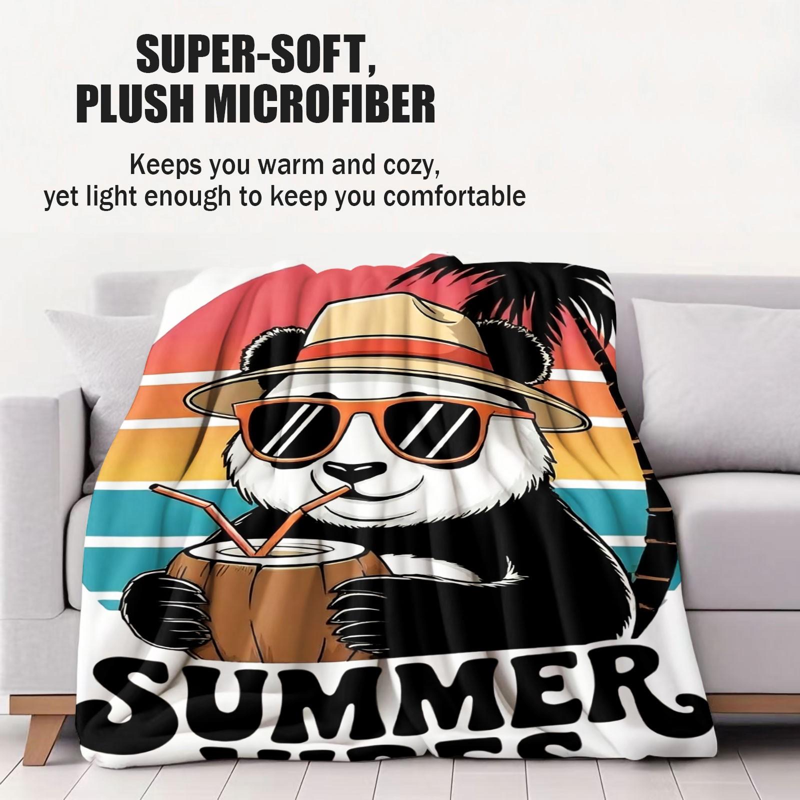 Summer Vibes Panda Flannel Blanket, Cute Tropical Palm Tree Print Throw Blanket, Ultra Soft Warm Blanket, Fun Beach Themed Gift Blanket for Kids, Teens & Panda Lovers