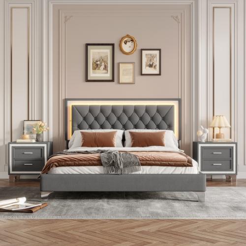 【Bellemave】3-Pieces Bedroom Sets,Queen Size Upholstered Platform Bed with LED Lights and Two Nightstands-Gray