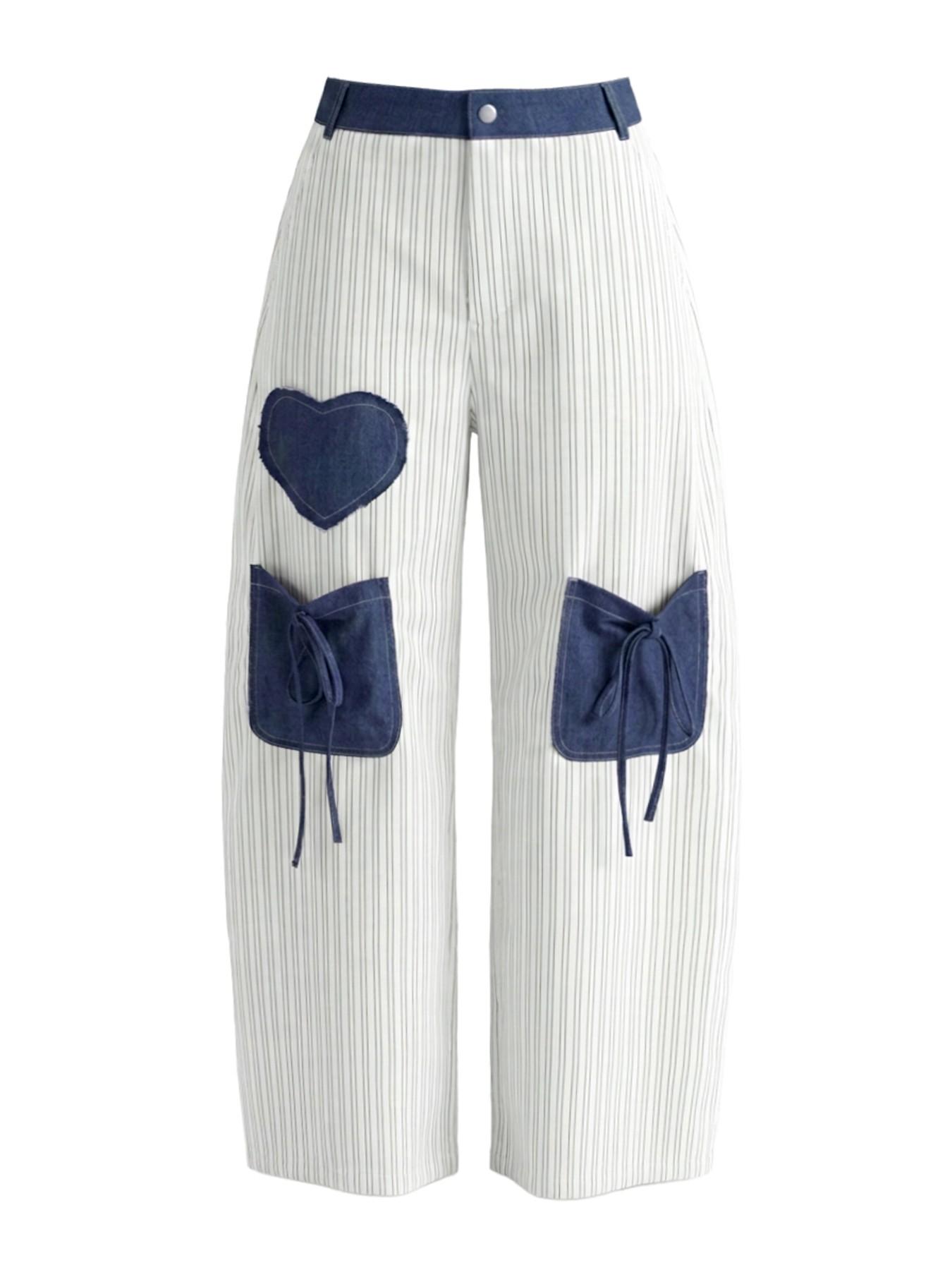 High-Waisted Loose Fit Oversized Pants, Street Fashion Trousers, Colorblock Pocket Patchwork Striped Tie Waist Adjustable Long Pants, Stylish, Comfortable and Casual Fashion Bottoms