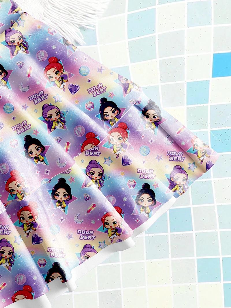 K-Pop Hunter Girl Group Swimsuit, Girls' Starry Sky Gradient Swimwear, Cartoon Character Print, Sweet Cool Two-Piece Bathing Suit, Swim Skirt Set K-Pop Hunter Girl Group Swimsuit, Girls' Starry Sky Gradient Swimwear, Cartoon Character Print, Sweet Cool Two-Piece Bathing Suit, Swim Skirt Set