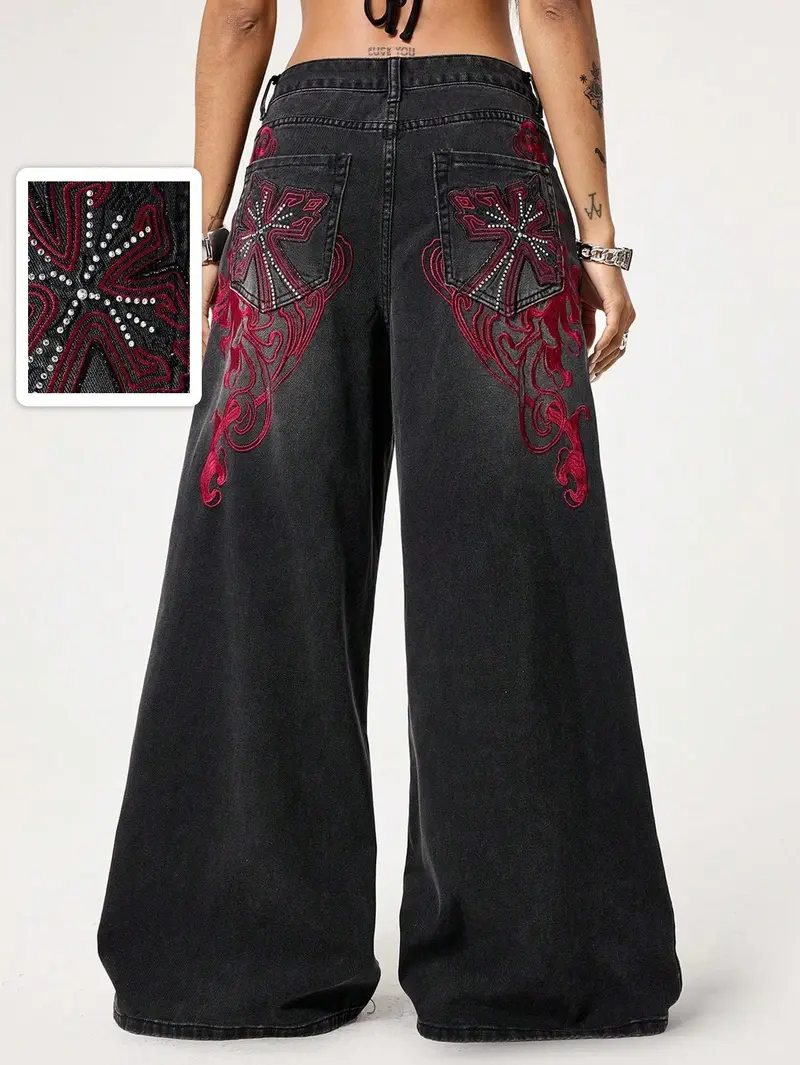 High Waist Black Washed Baggy Wide Leg Oversized Jeans for Women, Red Tribal Cross Embroidery Loose Fit Urban Hip Hop Denim Pants, Trendy Streetwear Trousers for US & Latin Girls Daily Casual Outfits