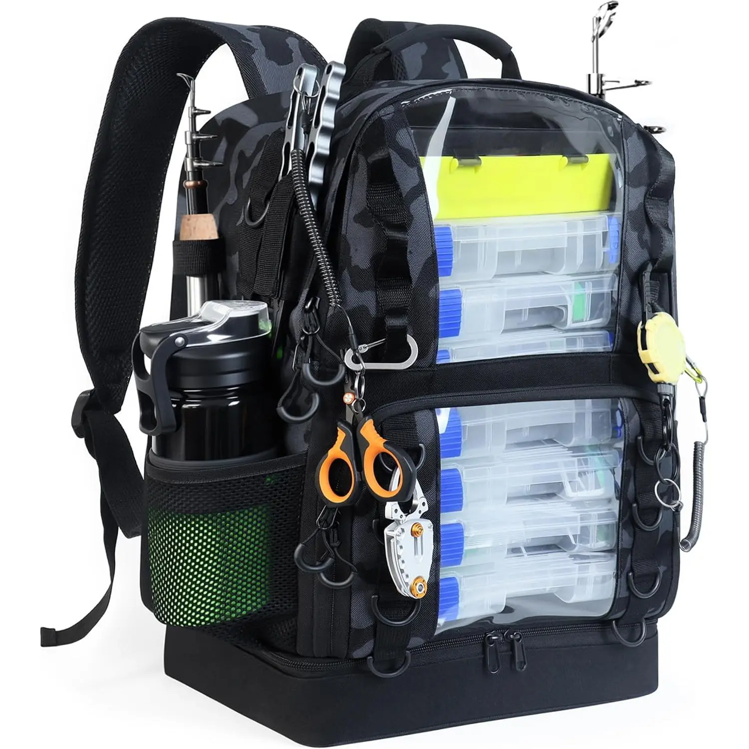 Fishing Tackle Backpack with Cooler,45L Large Tackle Bag with 2 Rod Holders & Clear Window,Outdoor Fishing Backpack for Fishing,Camping,Hiking,Camouflage Black