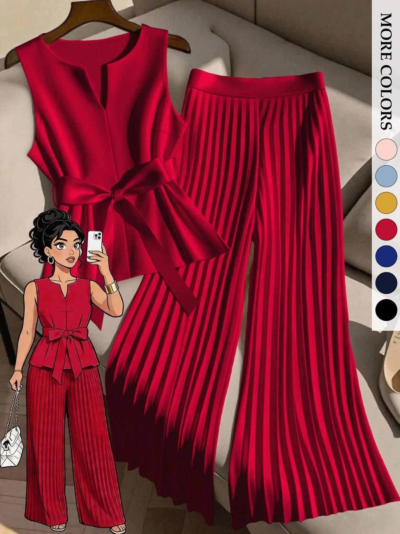 Women's Plus Size Trendy Chic Fashion 2 Piece Outfit, Sleeveless Top & Pleated Wide Leg Pants Set, Tie Waist V-Neck Plisse Flowy Elegant Office Workwear