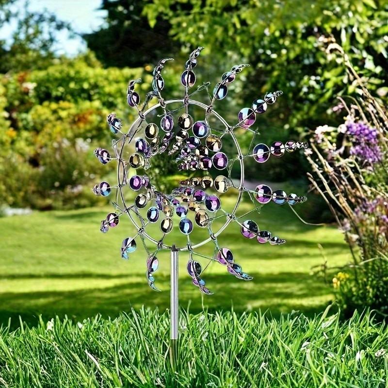 16 Inch Mesmerizing Metal Wind Spinner, 3D Kinetic Sculpture with Colorful Reflective Petals, Outdoor Garden Decor, Freestanding, No Power Required