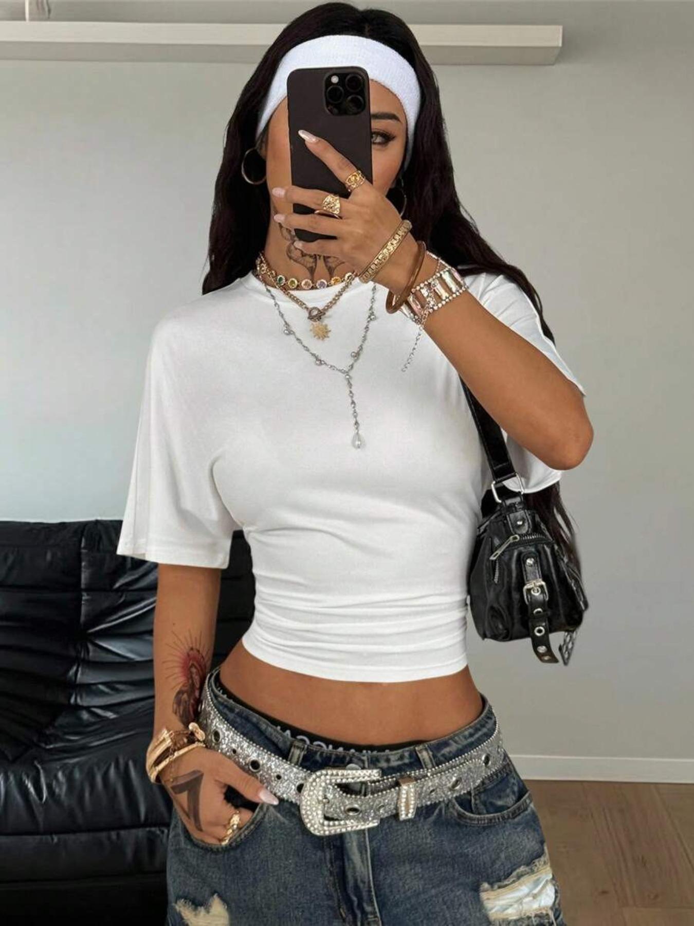 Women's Summer Casual Y2K Basic Loose Ruched Short T-Shirt, Elastic Street Style Tee for Daily Wear & Back to School