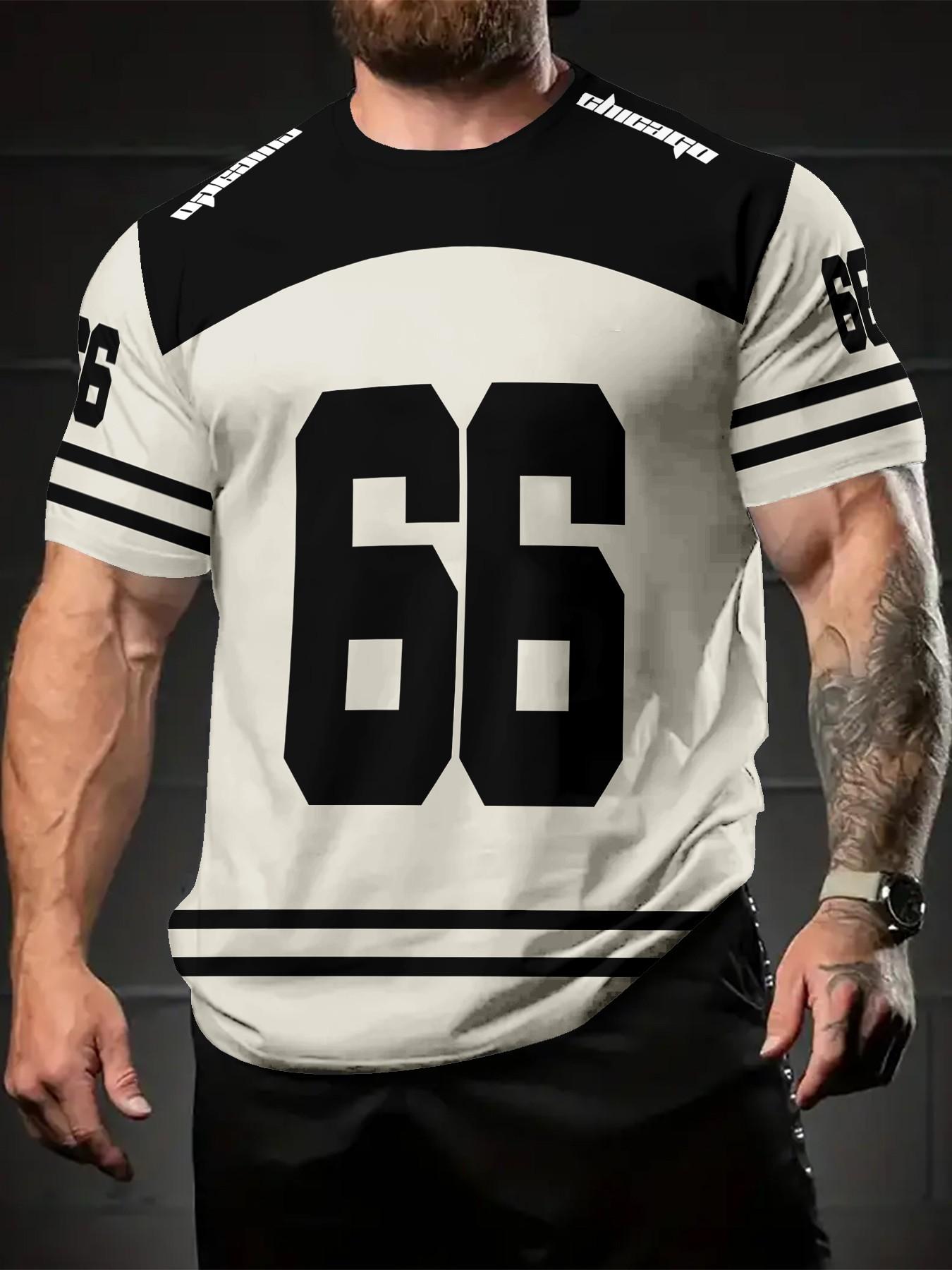 New Casual 3D Digital Print Round Neck T-Shirt, Comfortable Breathable Fabric, Sports Fitness, Number 66 Athletic Jersey