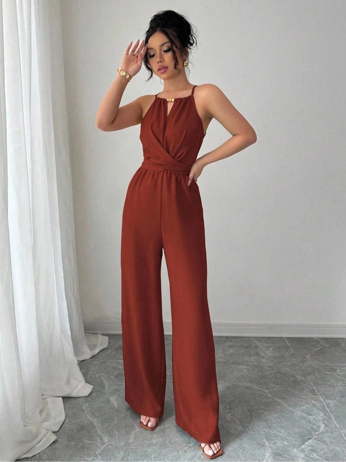 Elegant Women's Solid Color Beaded Jumpsuit, Womenswear, Perfect for Parties and Formal Occasions, Sleeveless Design for Layering