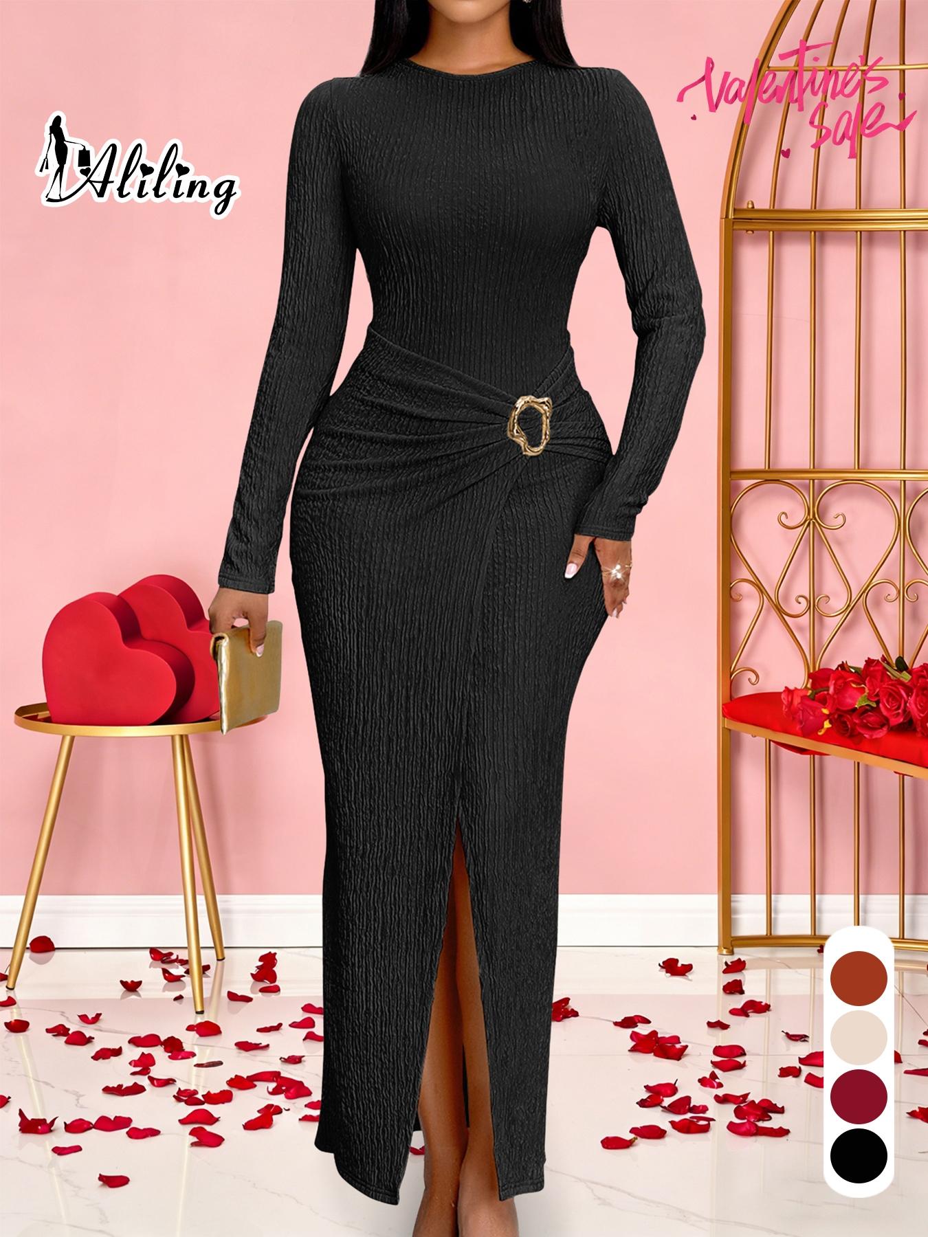 Aliling Women For Dresses Round Neck Long Sleeve Slim Fit Slit Hem Long Dresses for Lady, Solid High Waist Bodycon Slim Female Elegant Party Clothing Casual