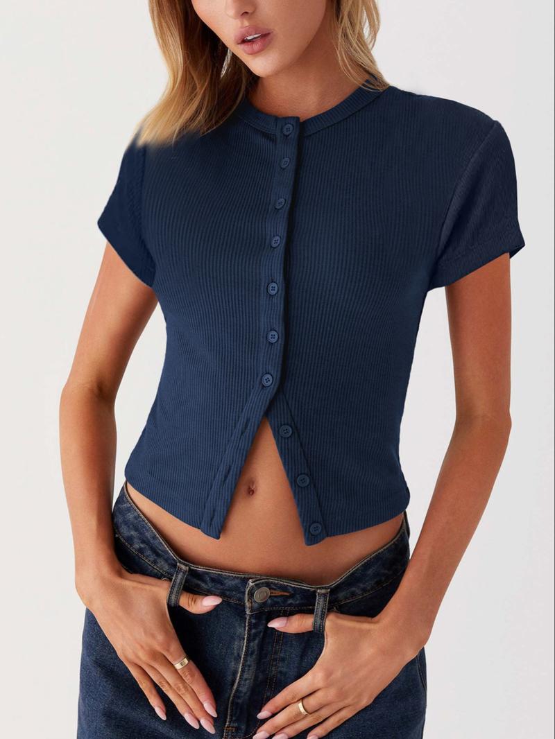Women's Plain Button Front Ribbed Tee, Casual Slim-fitting Short Sleeve T-shirt for Daily Wear, Ladies Clothes for All Seasons,  Cute Tops