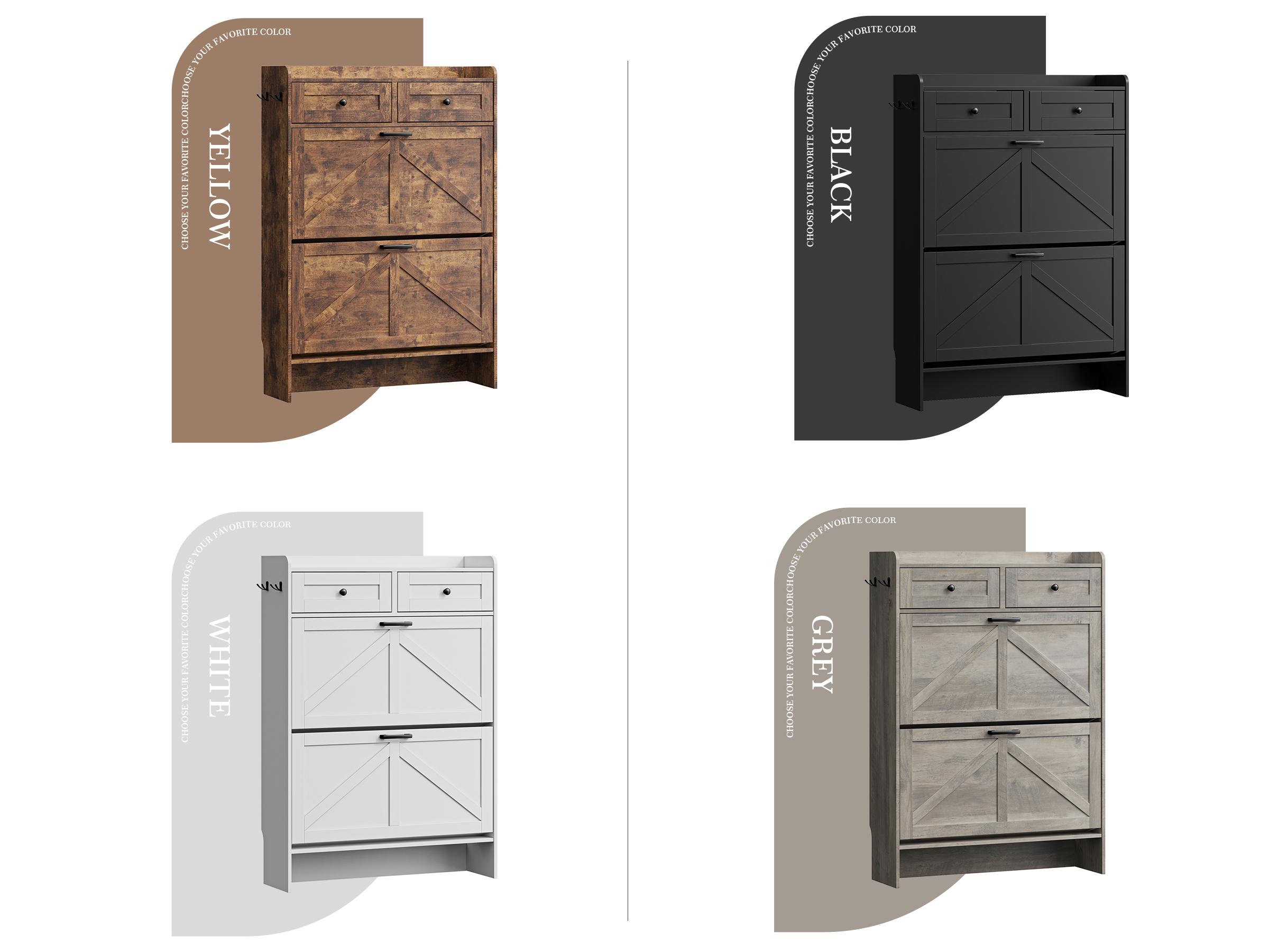 Shoe Storage Cabinet for Entryway, Farmhouse Narrow Shoe Cabinet with 2 Flip Drawers & Top Drawers, Adjustable Shelves & Hooks, Freestanding Hidden Rack Organizer for Hallway, Foyer