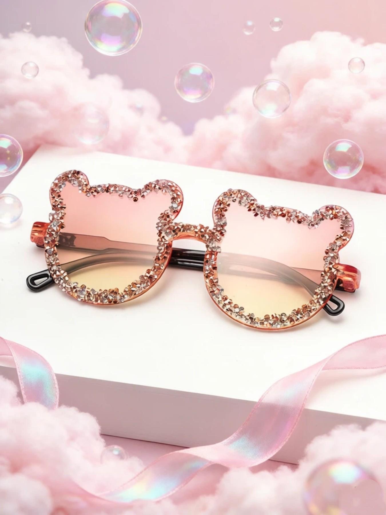 1pc Frameless Handmade Rhinestone Bear Party Sunglasses, Candy Color Women's Funny Party Glasses, College Outing Vacation