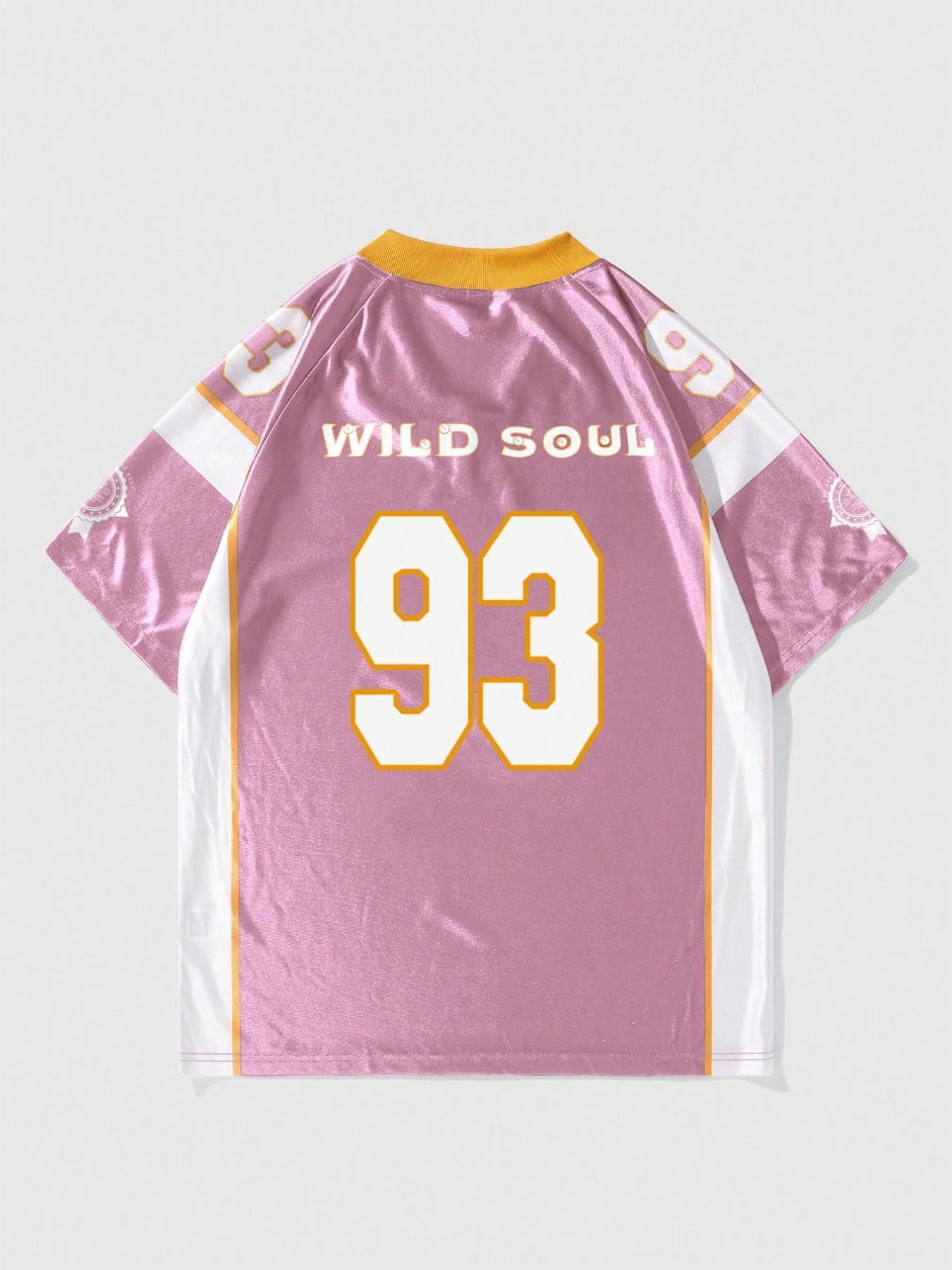 "Men's Pink Wild Soul 93 Graphic Oversized Football Jersey, V Neck Short Sleeve Mesh Streetwear Top for Daily Wear, Gym Workout and Casual Street Style"