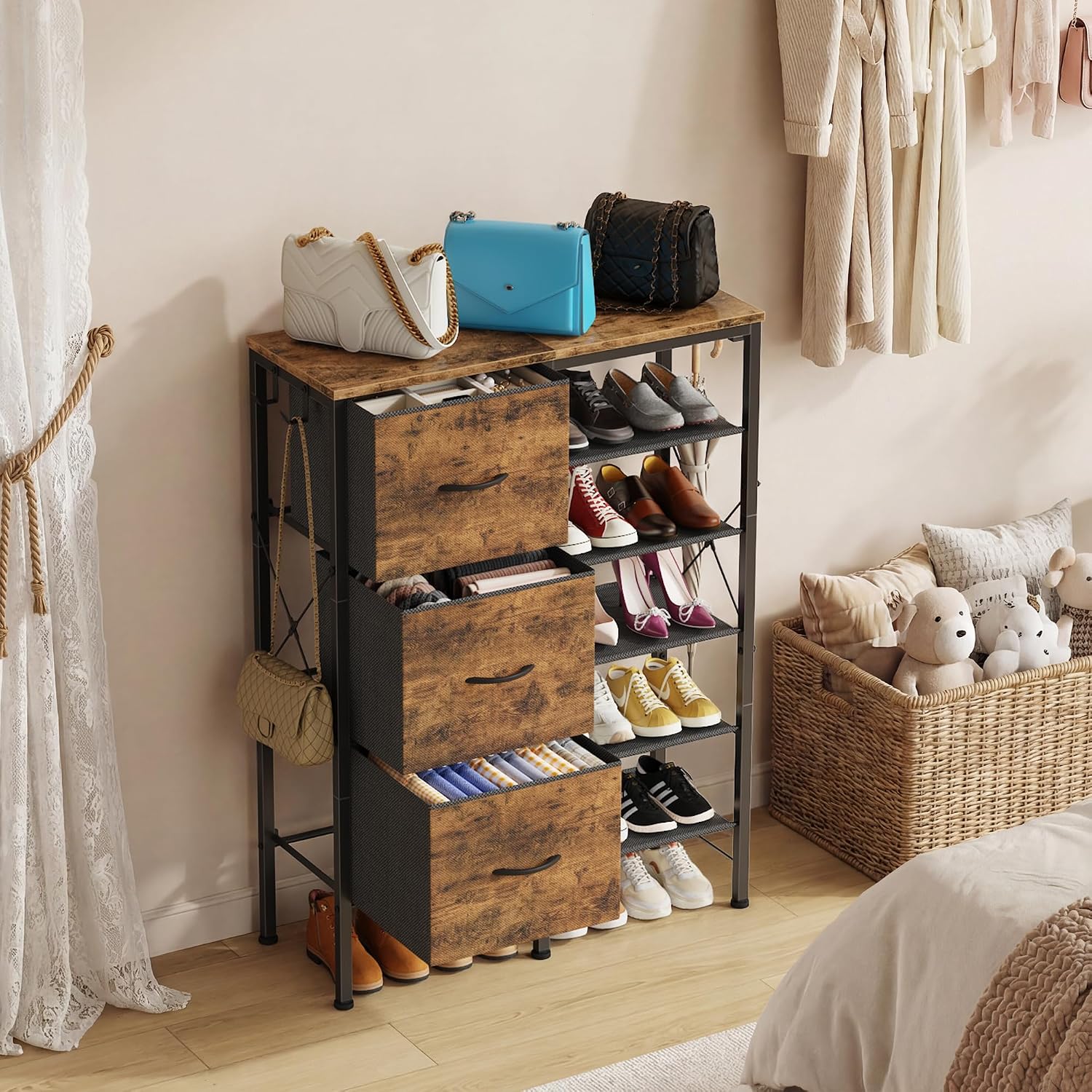 Shoe Rack Organizer with 3 Fabric Drawers, 6 Tier Shoe Cabinet Storage, Multi-Use Metal Shelf for Entryway,Closet,Living Room