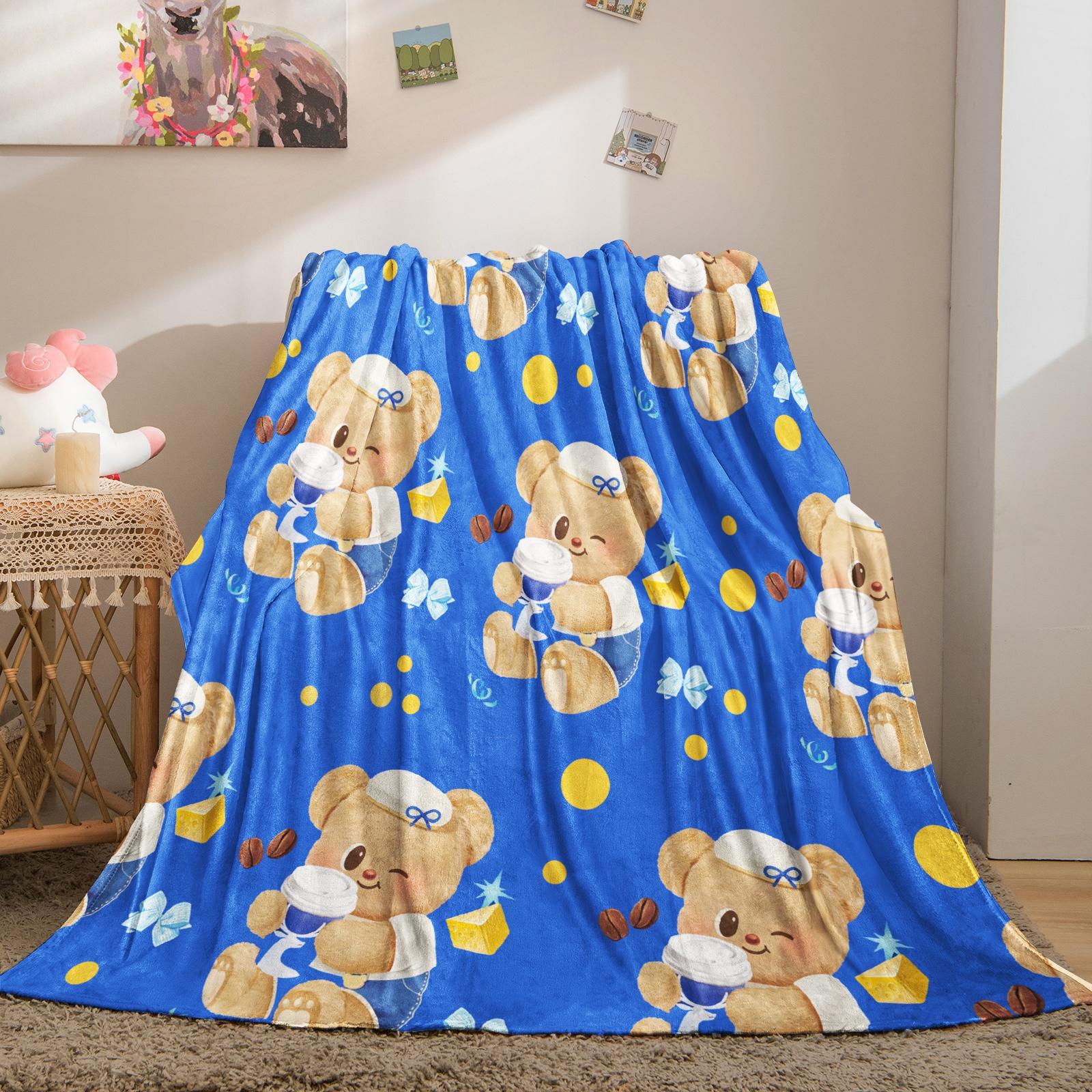 Cute Cartoon Bear Print Throw Blanket, Japanese Style Soft Teddy Bear Pattern, Skin-Friendly Soft Flannel Lightweight Cozy Blanket for Kids Bedroom, Nursery, Couch, Bed and Dorm, Lovely Aesthetic Home Decor, Ideal Birthday and Holiday Gift for Bear Lovers