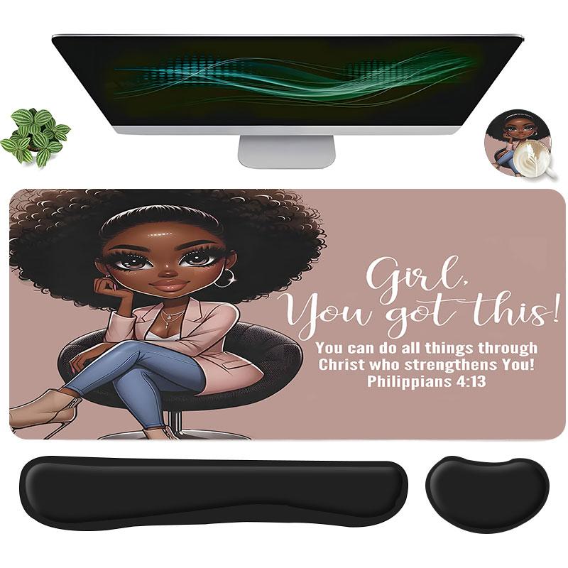 4pcs Inspirational Quote "Girl You Got This "Design Mouse Pad + Keyboard Wrist Rest + Ergonomic Mouse Pad + Coaster Set For Desktop Decoration, Office Accessories Set Ergonomic Wrist Support, Computer Mat Mouse Pad Coaster Suitable For Home Office Gaming