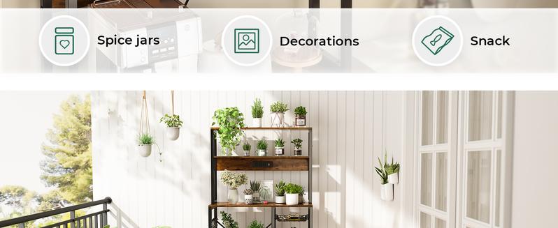 SUPERJARE Bakers Rack with Power Outlet, 35.4 Inches Coffee Bar with Wire Basket, Kitchen Microwave Stand with 6 S-Shaped Hooks, Open Storage Shelves