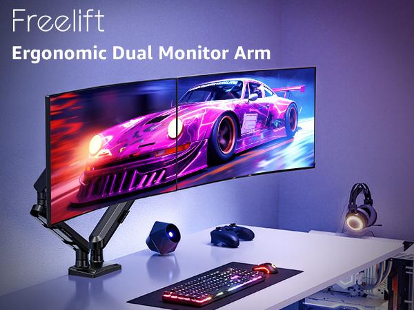 MOUNTUP Dual Monitor Stand fits up to 32 inch, Dual Monitor Desk Mount Height Adjustable, Monitor Arms for 2 Monitors, Home Office VESA Mounts, Freelift Black