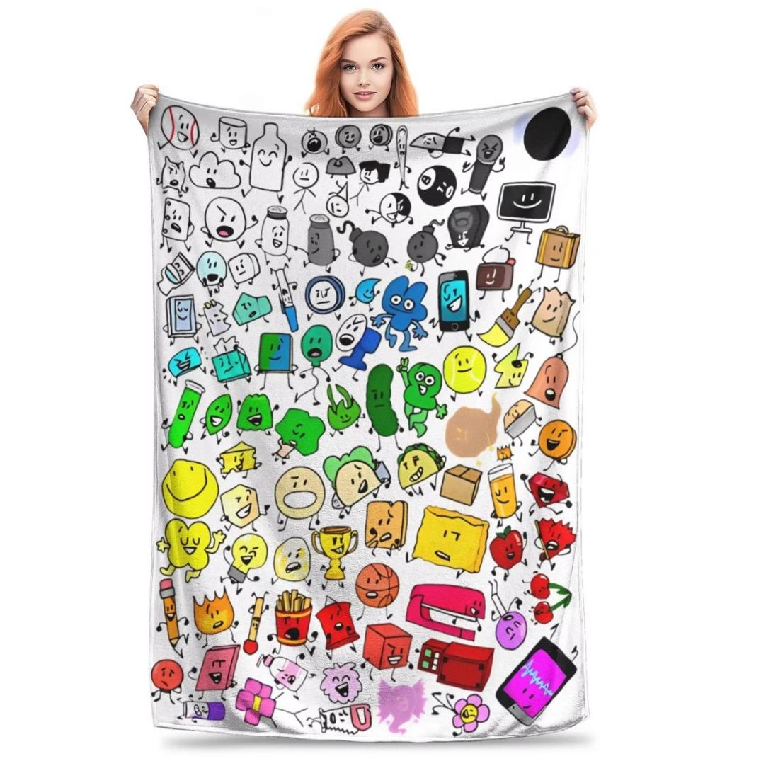BFDI Inanimate Insanity Cartoon Blanket All Characters Plush Soft Vintage Flannel Throw Blanket for Couch Sofa Chair Bedroom All Season Cozy Aesthetic Fan Gift for Kids Teens Birthday Christmas Halloween Trending Viral Home Decor Blanket