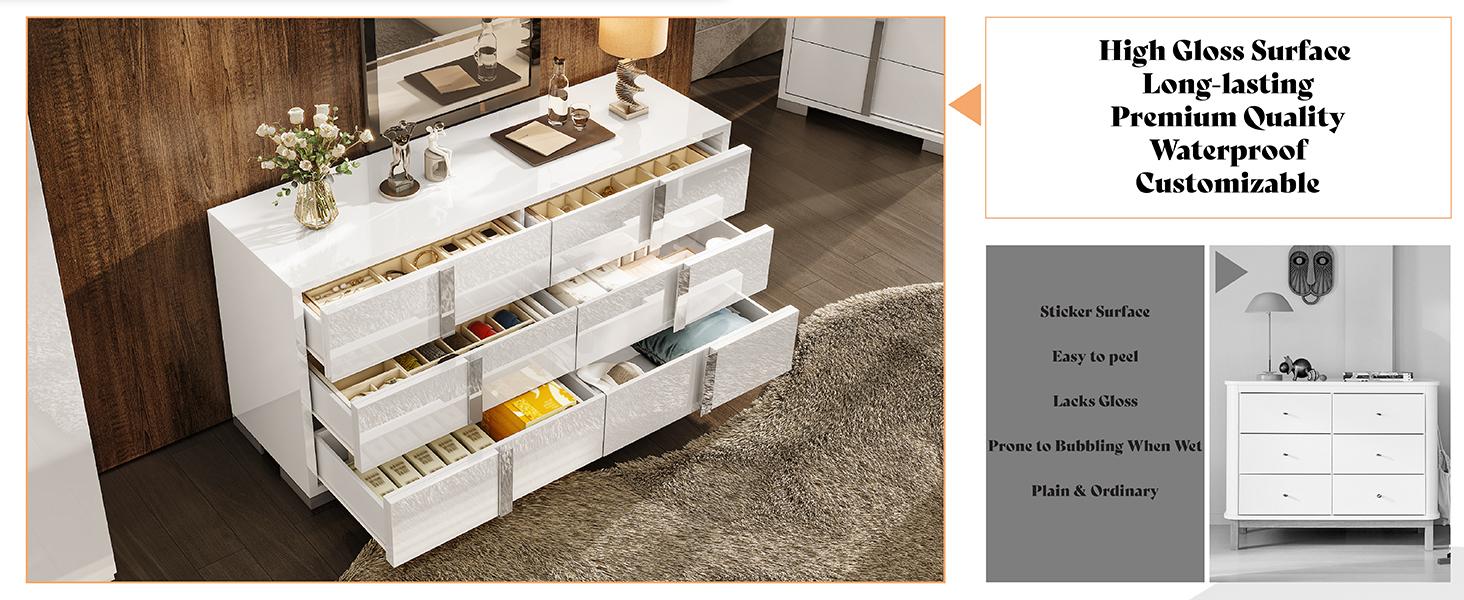 VanAcc Minimal High Gloss 5/6 Drawers Dressers with Silver Grooved Handles, Aesthetic Design, Modern Storage Chest of Drawers with Wide Tabletop, Storage Cabinet for Bedroom, Dressing Room, Living Room