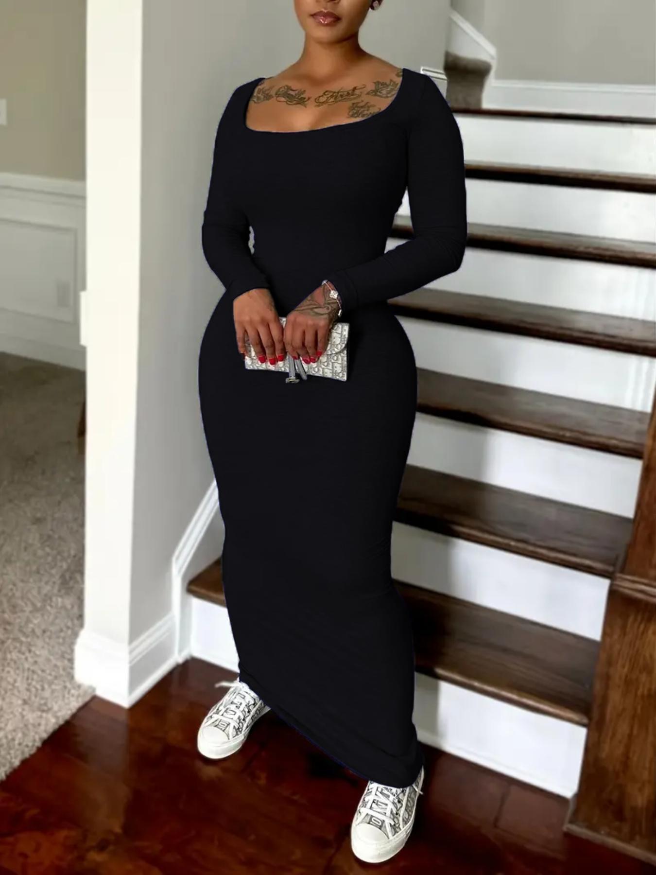 Women's Solid Scoop Neck Ribbed Bodycon Dress, Casual Long Sleeve Long Dress for Fall & Winter, Women's Clothing for Daily Wear