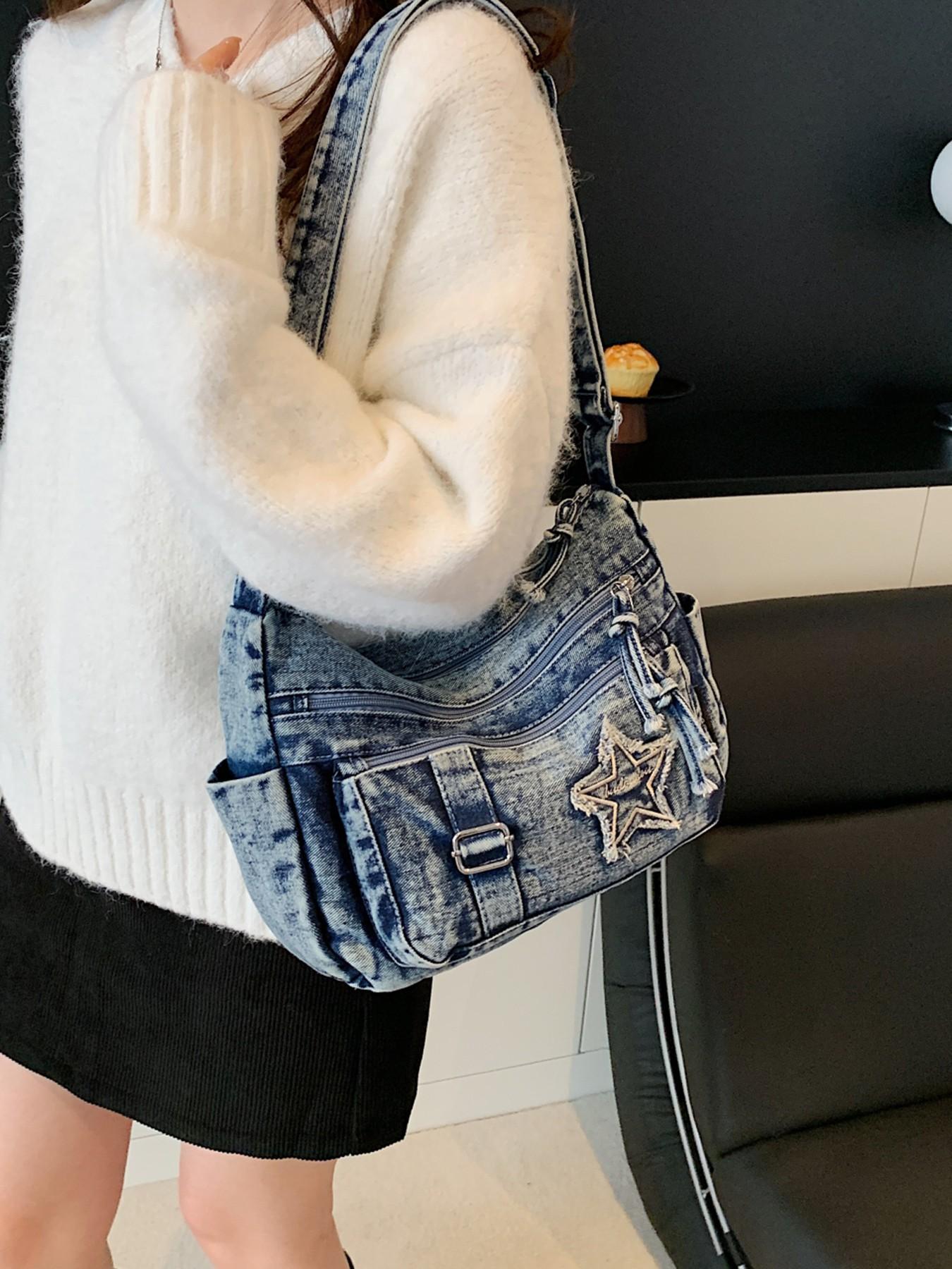 Casual retro texture Denim shoulder bag, Denim shoulder satchel, practical versatile crossbody bag, with multiple zippered pockets and a five pointed star pattern printed, suitable for commuting, shopping
