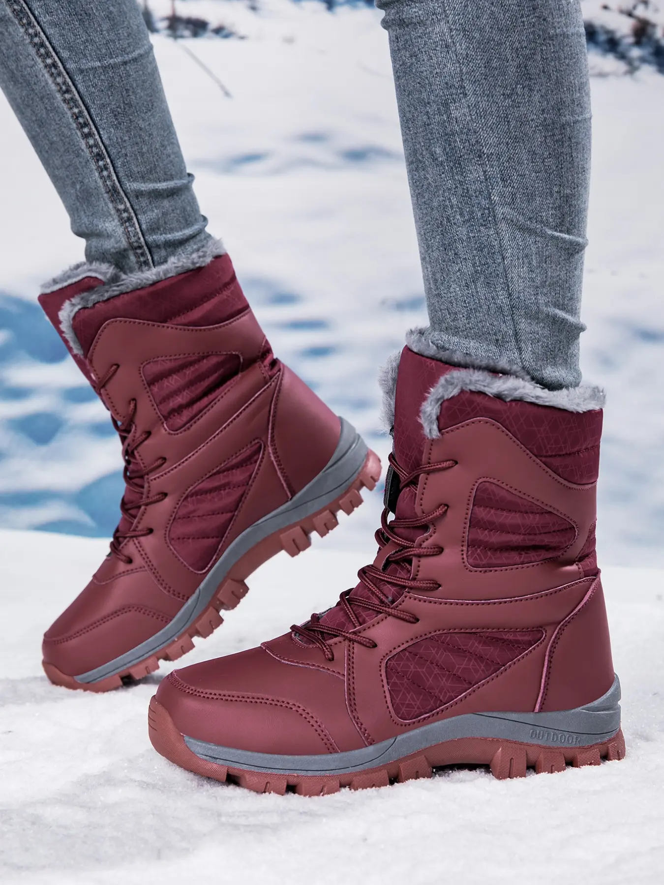 Women's Mid-Calf Snow Boots, Thick Plush Laces Anti-Slip Sole, Outdoor Winter Warm Cotton Boots, Sporty Style, All Seasons
