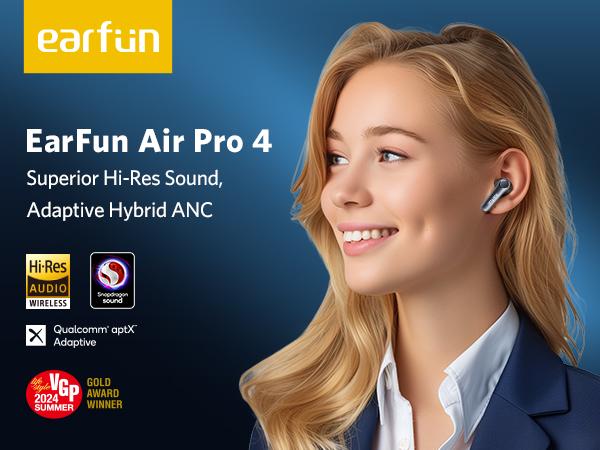 EarFun Air Pro 4 Adaptive Hybrid Noise Canceling Wireless Earbuds, Qualcomm Snapdragon Sound, aptX Lossless, 6 Mics AI CVC 8.0 Call, LDAC Hi-Res Audio, 52H Playtime, Bluetooth 5.4, White