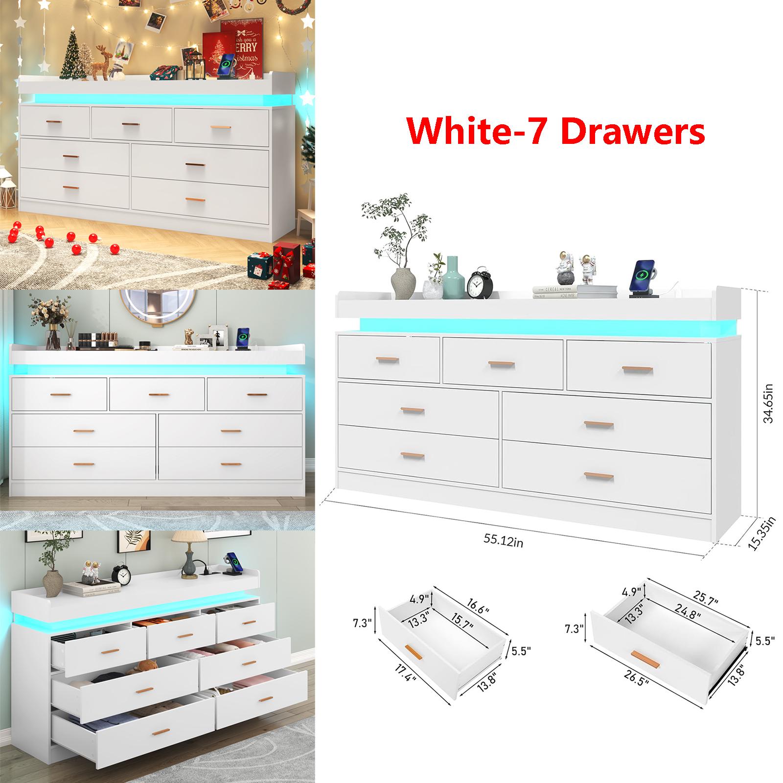 Dresser with LED Light and Charging Station, Modern Chest of Drawers for Closet, Wide Drawer Organizer Cabinet for Bedroom, Living Room, Entryway, Hallway