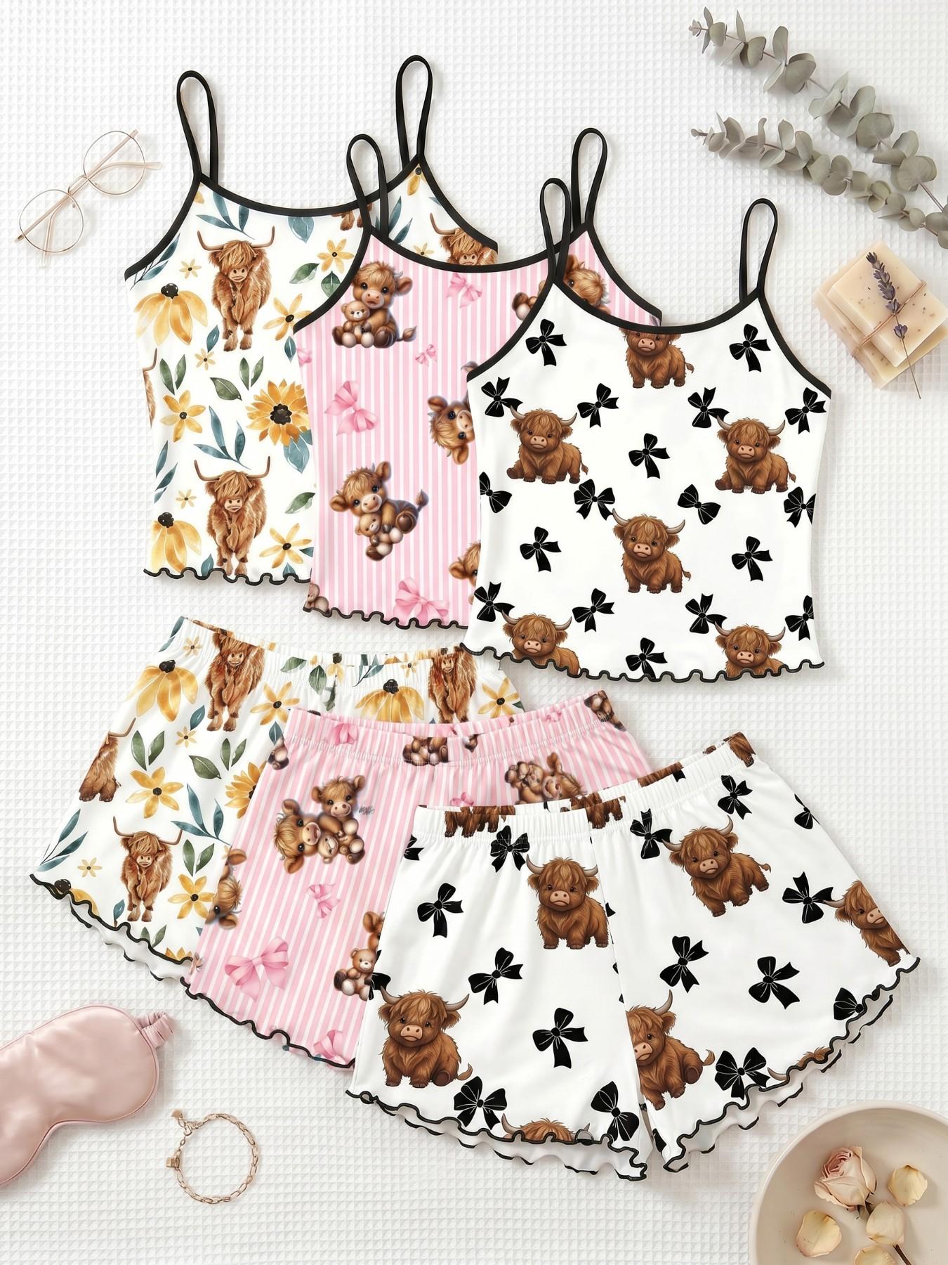 Cherry Print Halter Short Pajamas Set, Trim Ruffle Design, Sweet Cool Girl Style, Breathable Home Sleepwear, 3-Piece Combo Cherry Print Halter Short Pajamas Set, Trim Ruffle Design, Sweet Cool Girl Style, Breathable Home Sleepwear, 3-Piece Combo