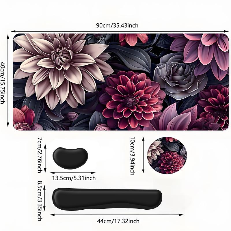 4pcs Dark Toned Floral Design Mouse Pad + Keyboard Wrist Rest + Ergonomic Mouse Pad + Coaster Set For Desktop Decoration, Desktop Accessory, Office Accessories Set Ergonomic Wrist Support, Computer Mat Mouse Pad Coaster Mousepad For Home Office Gaming