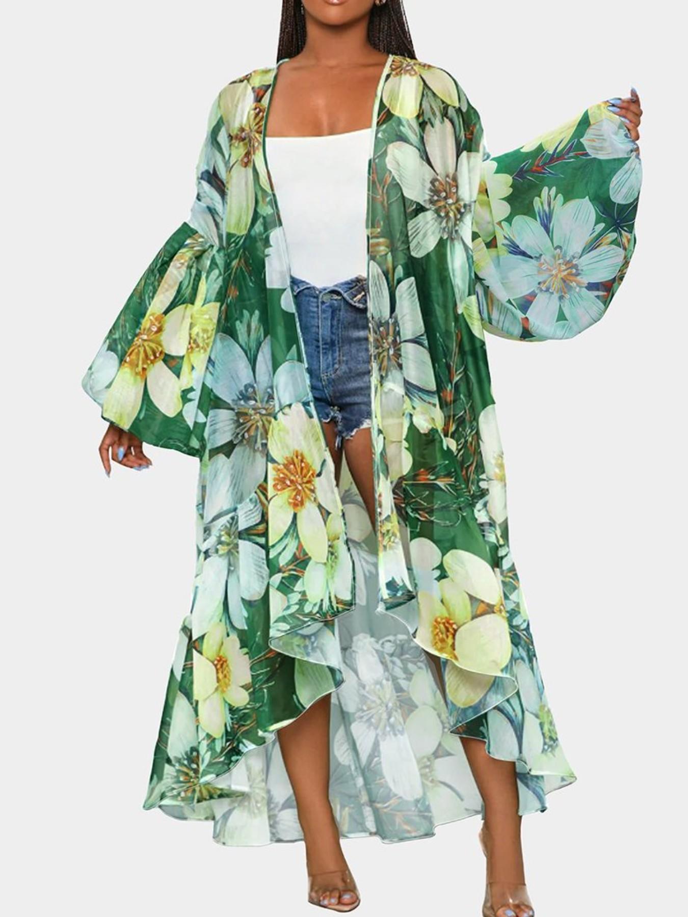 Women's Vacation Casual Bohemian Spring Summer Lantern Sleeve Asymmetrical Hem Long Floral Print Outerwear Cardigan Dress, All Seasons Fashion Clothes