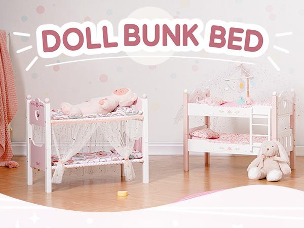 ROBUD Baby Doll Bunk Beds, Wooden Baby Doll Crib with Starry Curtain, Stackable Toy Crib for 18 Inch Dolls, Doll Bed Playset with Bedding Accessories, for Kids 3+