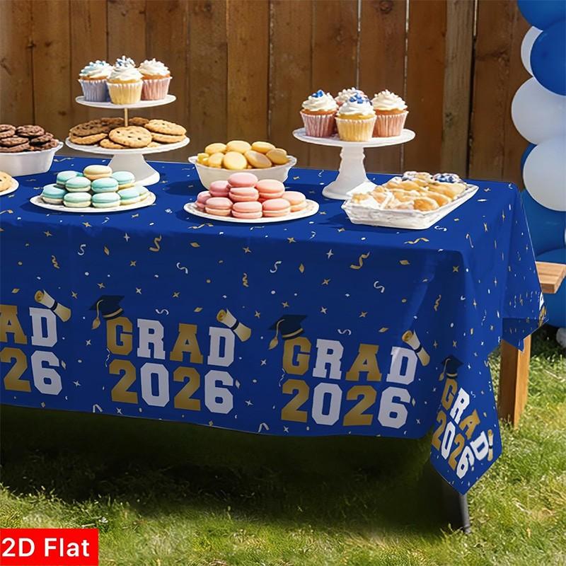 2D Flat Party Tablecloth 1pc, Graduation Ceremony Tablecloth, Grad 2026 Blue Text, Essential Decoration, No Power Needed