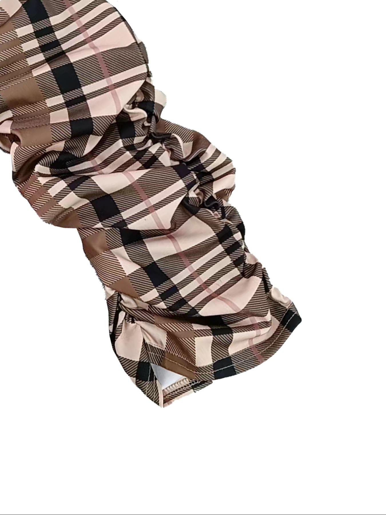 Women's Sexy Plaid Bodycon Jumpsuit with Zipper Front & Ruched Design, Tight-Fitting Long Sleeve Jumpsuit for Fall & Winter