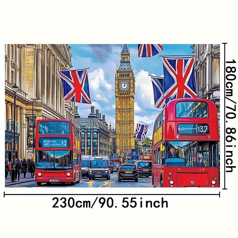 2D Flat British-Themed Party Backdrop Banner, Big Ben, Red Buses & Union Jack Flags Design, Durable Polyester for St. George's Day, Photography Props & Events